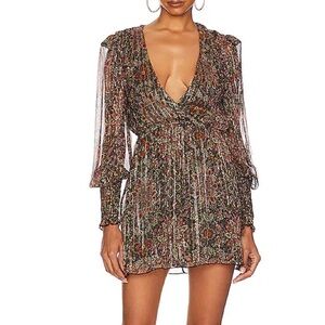 House of Harlow 1960 Brown Floral V‑Neck Pleated Mini Dress